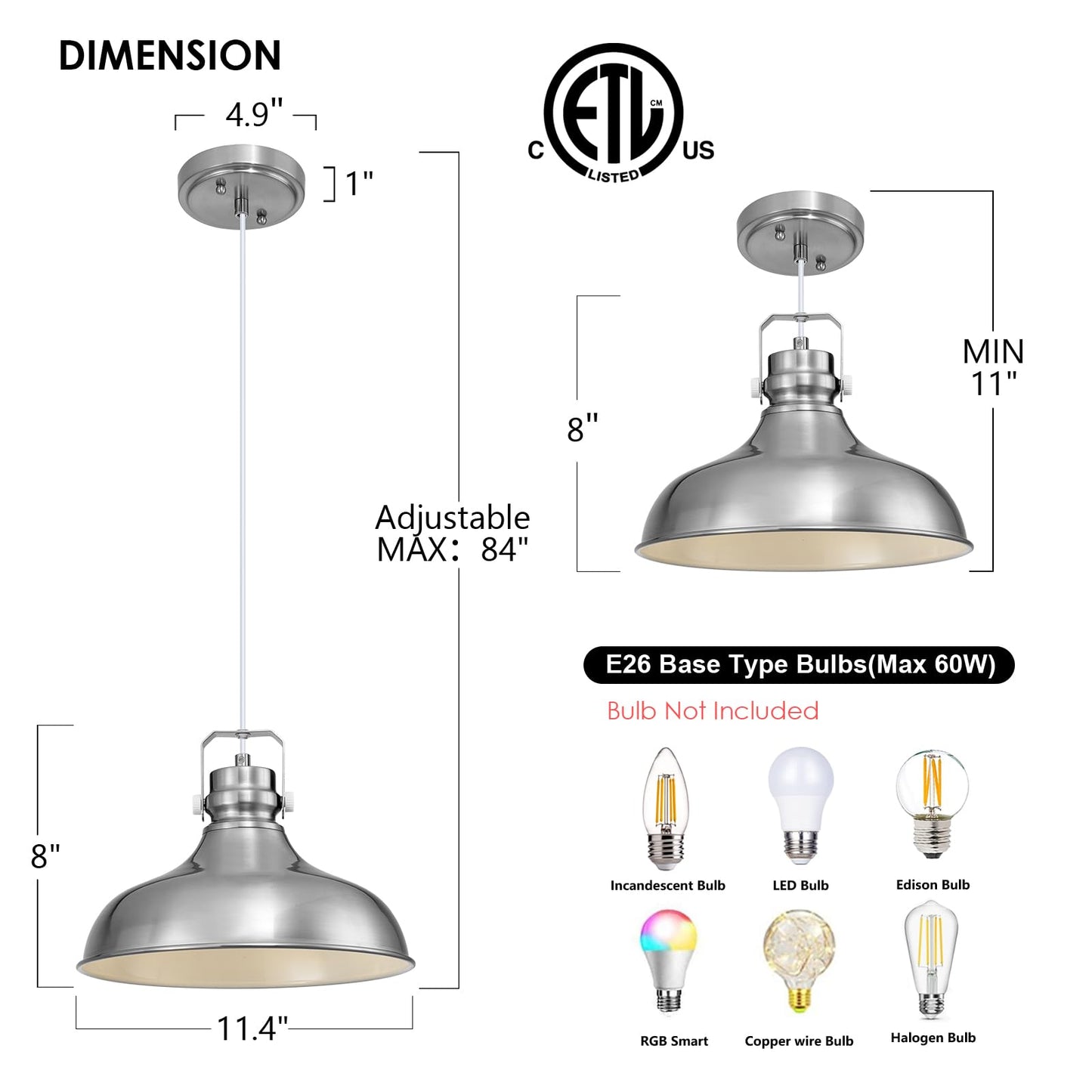 Alaislyc Brushed Nickel Farmhouse Pendant Lights Matte Pendant Lighting For Kitchen Island Industrial Adjustable Height Vintage Dome Hanging Light Fixtures For Barn  Dining Room 2 Packs