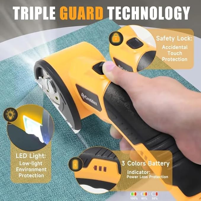 Cordless Electric Scissors，Cardboard Cutter Heavy Duty Scissor with 3 Blade, Safety Lock & Extra Blade，Rotary Cutter for Cardboard Fabric Plastic Leather Yellow