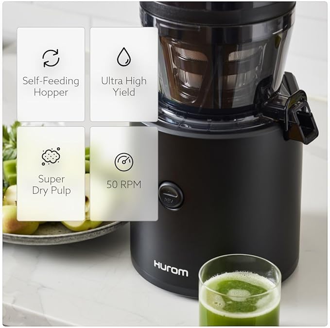 Hurom H320 Slow Juicer | Ultra Low Pulp | Hands-Free | Hopper Fits Whole Produce | Quiet Motor | BPA Free | Easy Assembly | Cold Press Masticating Juicer (Black Slow Juicer)