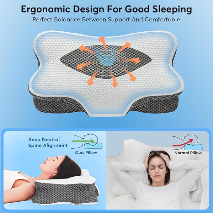 Anvo Cervical Pillow for Neck Pain Relief - Neck Pillows for Pain Relief Sleeping - Cervical Memory Foam Pillows for Neck Pain - Ergonomic Pillow for Side Back Stomach Sleeper-Grey Queen Firm