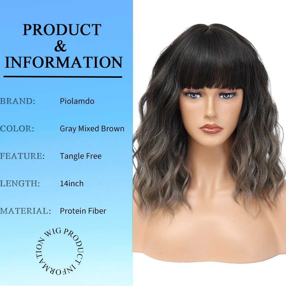 Short Wavy Gray Wig with Bangs 14inch Ombre Grey Highlight Brown Wigs for Women Short Curly Bob Wigs Synthetic Natural Looking H