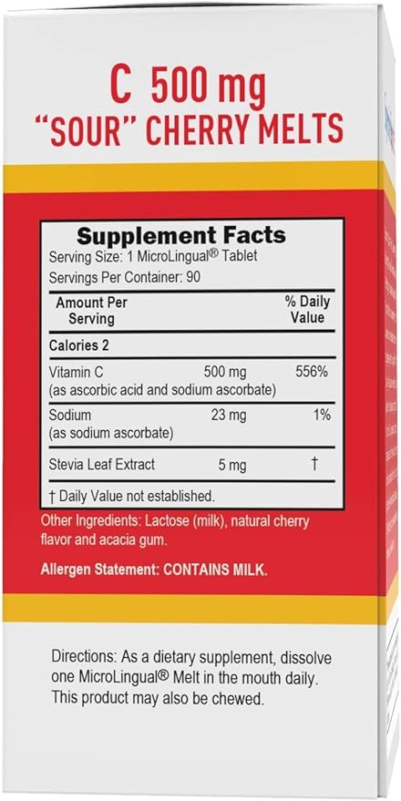 Superior Source Vitamin C 500 mg ?Sour? Cherry Melts - Daily Vitamin Supplement Supports Immune Health - Vitamin C Formula Aids Cell Health - 90 Sublingual Dissolving Tablets