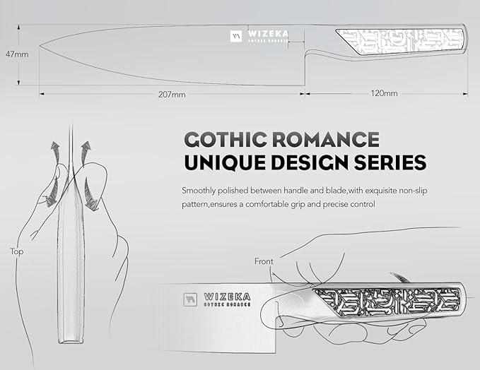 WIZEKA Chef Knife: 8 Inch: Extreme Sharp Kitchen Knife: Full Tang High Carbon Stainless Steel: Chef's knife with Ergonomic Handle with Unique Patterns,Gothic Series
