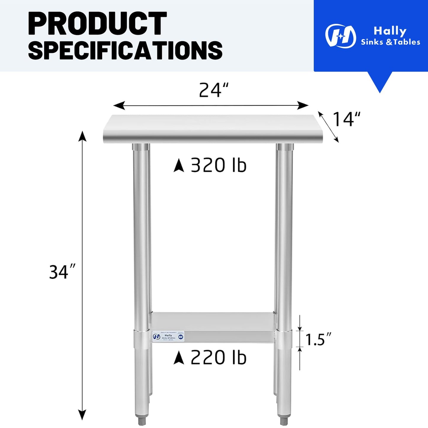 Hally Stainless Steel Table for Prep & Work 14 x 24 Inches, NSF Commercial Heavy Duty Table with Undershelf and Galvanized Legs for Restaurant, Home and Hotel