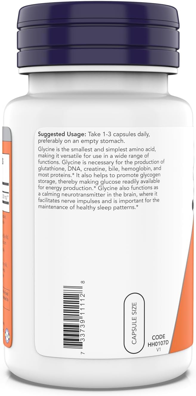 NOW Foods Glycine 1000mg, Free-Form Pharmaceutical Grade, Neurotransmitter Support*, Promotes restful Sleep*, Gluten Free, Vegan, Kosher 200 Vegetarian Capsules (Pack of 1)