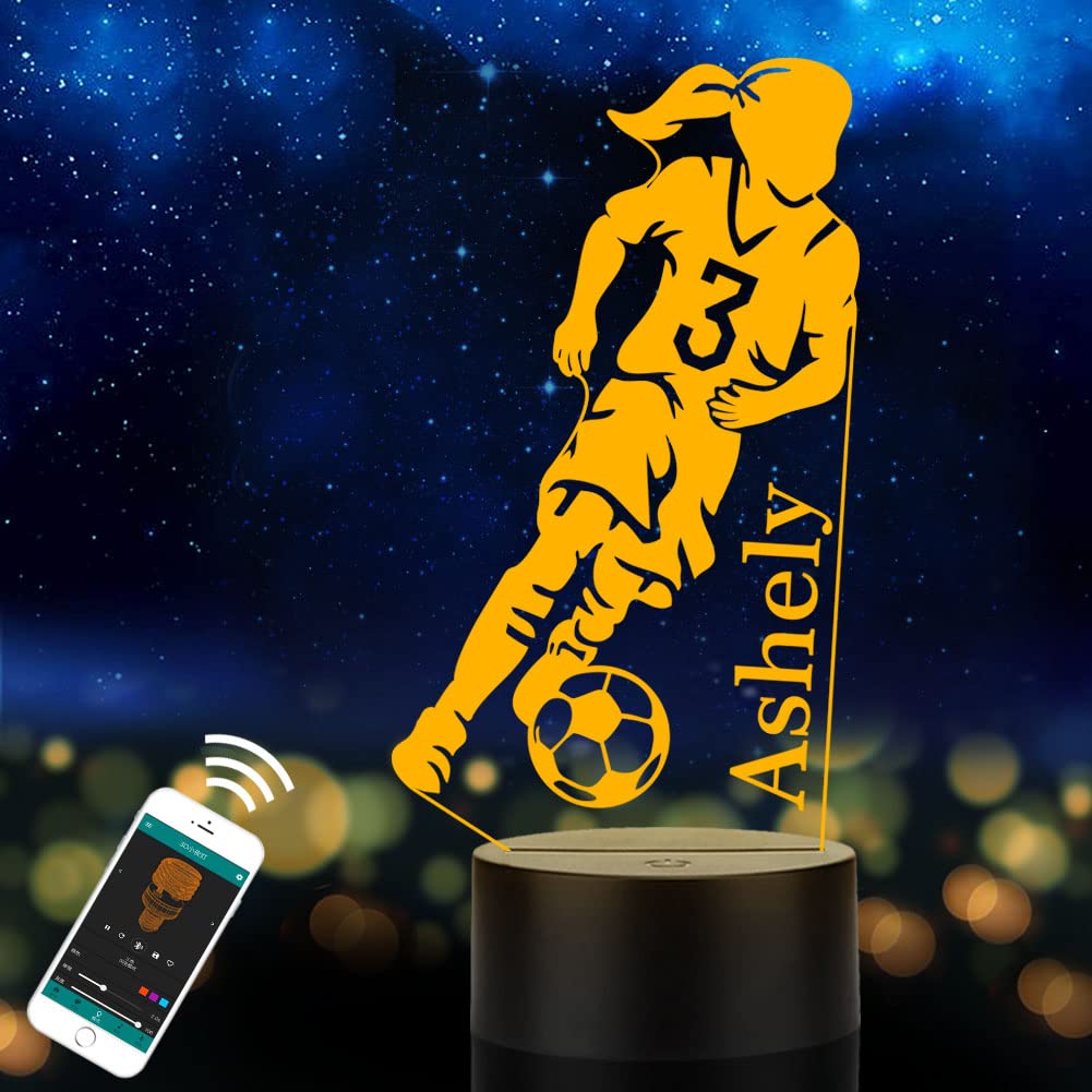 Personalized Soccer Gifts for Girls, Custom Name Table Lamp for Kids, Children, Daughter or Granddaughter, LED Play Soccer Night
