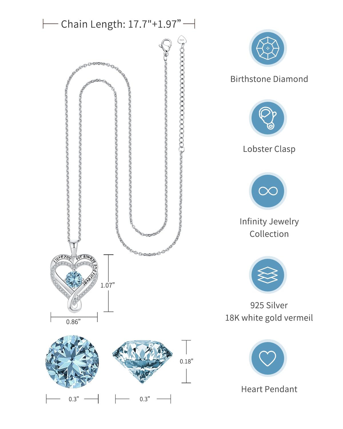 S925 Silver Necklace for Women Anniversary for Her Wife Birthday Gift ideas for Girlfriend Infinity Heart Birthstone Womens Jewe
