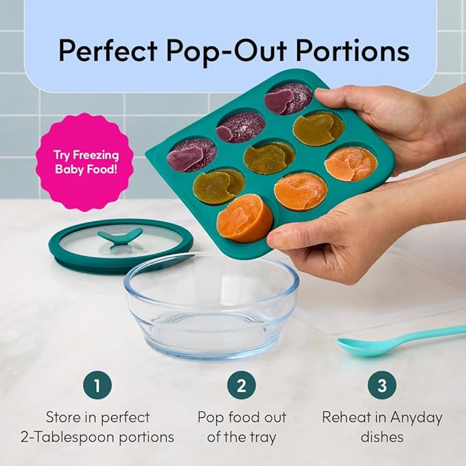 Anyday 2-Tbsp Silicone Freezer Tray with Silicone Lid for Baby Food, Sauces, Garlic, Herbs | Plastic-Free Freezer Molds | 1 Oz Baby Food Puree Ice Cube Tray Reusable