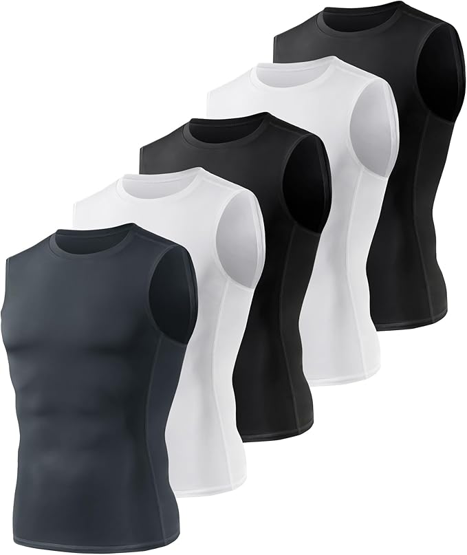 BOOJO 5 Pack Compression Shirt Men - Sleeveless Tank Top Workout Athletic Gym Quick Dry Base Layer Udershirts for Running