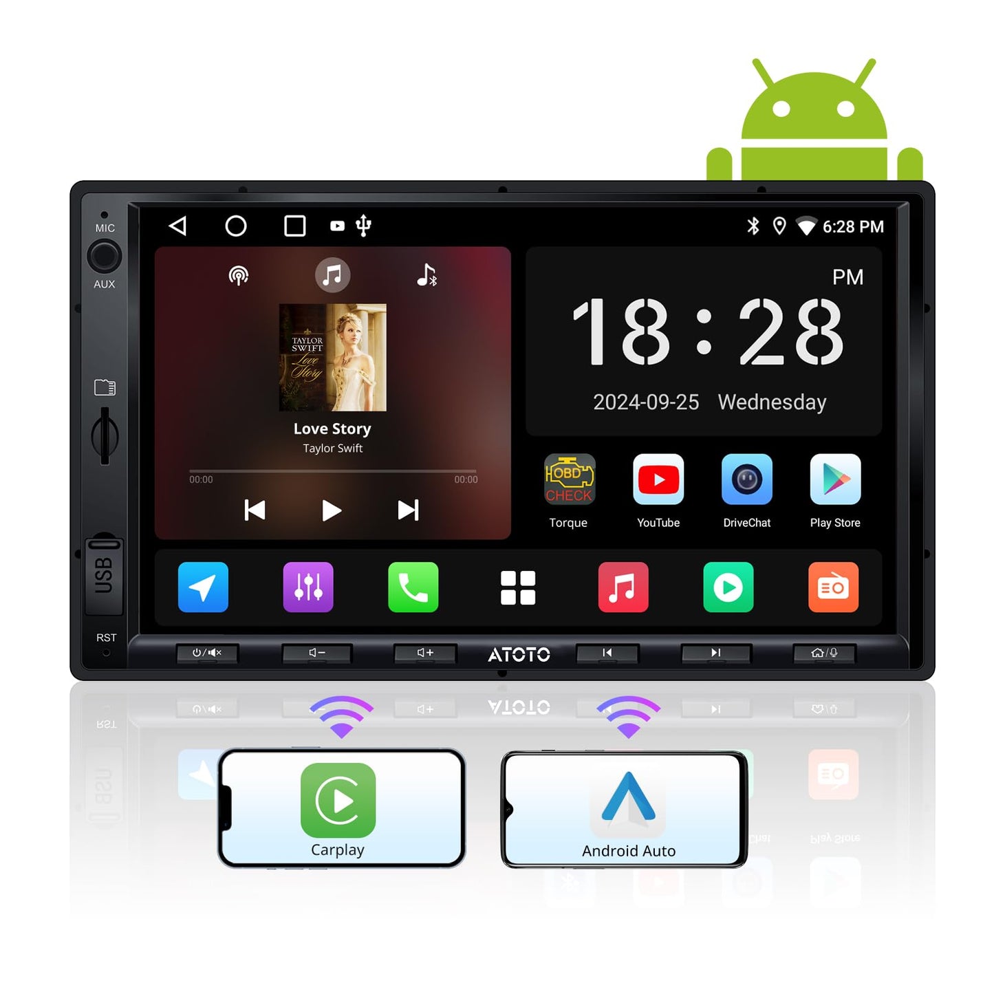 ATOTO A5L 7inch Android Double DIN Car Stereo, Wireless CarPlay&Android Auto Touch Screen, Wi-Fi/BT/USB Tethering, 2G+32G Car Radio Bluetooth, 24B-EQ DSP, MirrorLink, GPS/SWC/FM/AM,AI Chat, A5LG2A7T