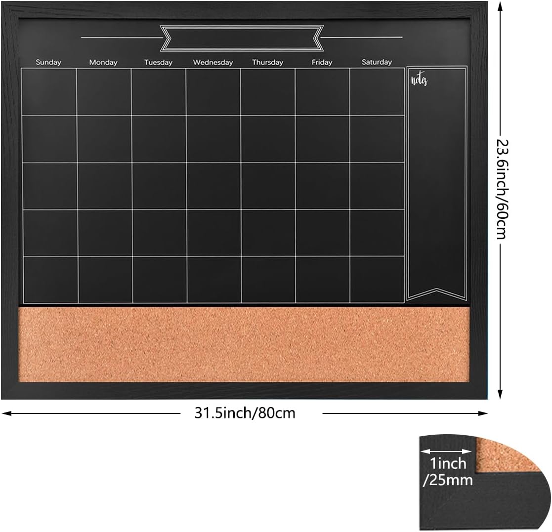TORASO Chalkboard Calendar & Corkboard, Magnetic Surface 24" x 32" Combination Chalk Board & Bulletin Board, Black Framed Blackboard/Calendar/Cork Combo Board(ZHHB-BK-6080)