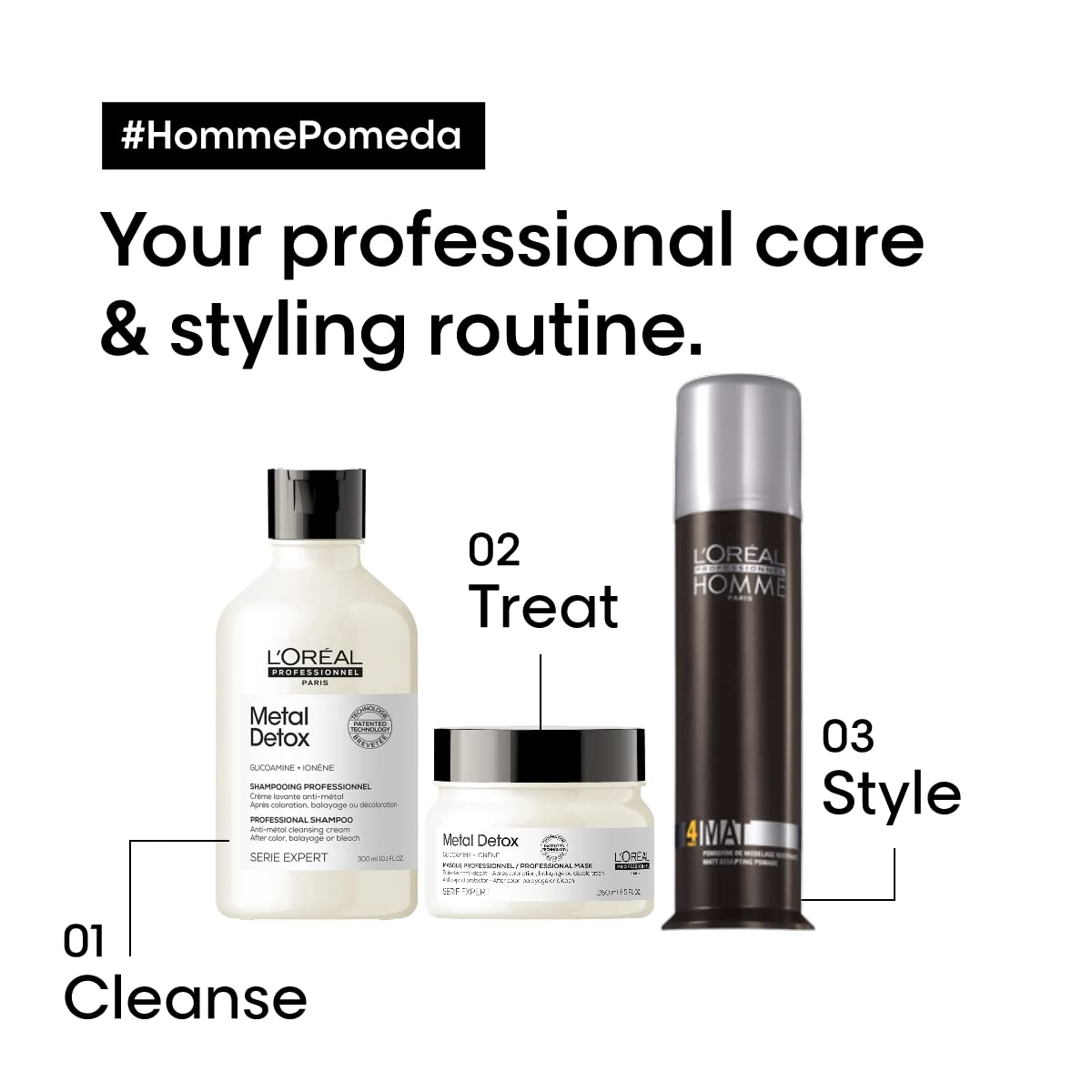 L'Oreal Professionnel Mens Styling Pomade - For All Hair Types, Provides Medium Hold and Matte Finish