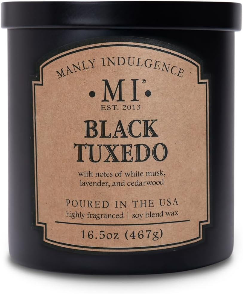 Manly Indulgence Black Tuxedo Candles for Men, 2 Wick, 16.5 oz, Premium Soy Blend Wax, 60H Burn, Candles for Home Scented - Made in The USA