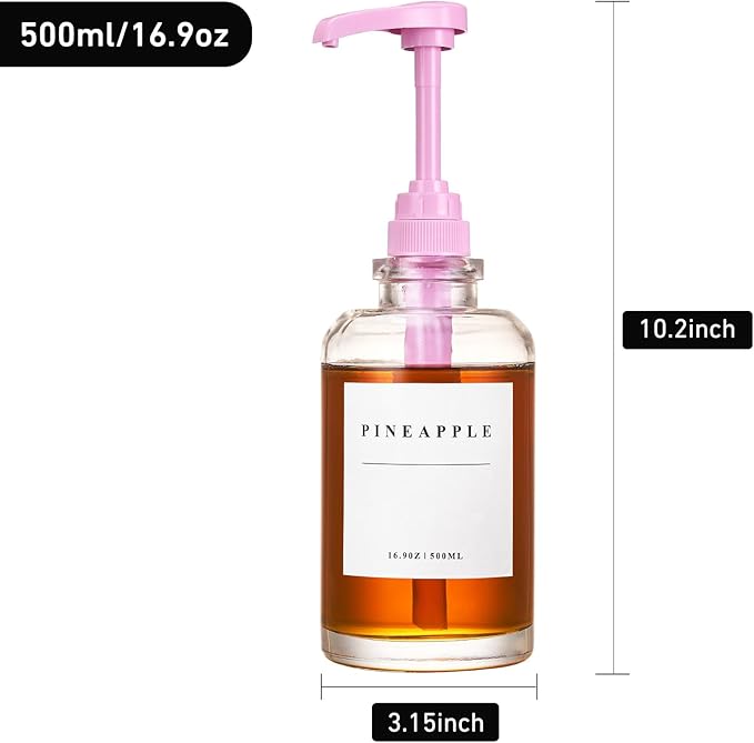 Coffee Syrup Dispenser for Coffee Bar, Coffee Syrup Pump Dispenser, Glass Syrup Bottle with Pink Upgraded Pump, 2 Pack 16.9 oz 500 ml Syrup Dispensers, 28 Labels and Bamboo Tray