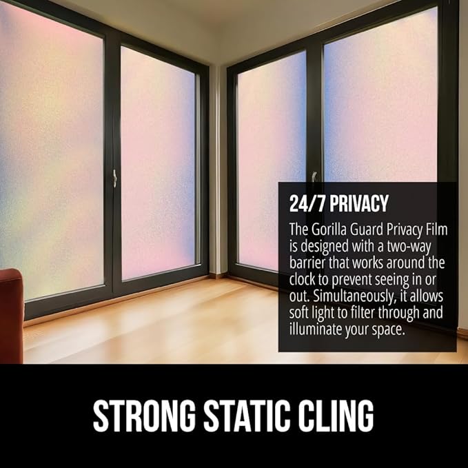 Gorilla Guard Two Way Sun Blocking Window Privacy Film, Strong Static Clings to Glass Windows, Peel and Stick, Removable No Residue Stickers, Decorative Bathroom Door Coverings 17.5" x 78.7”, Rainbow