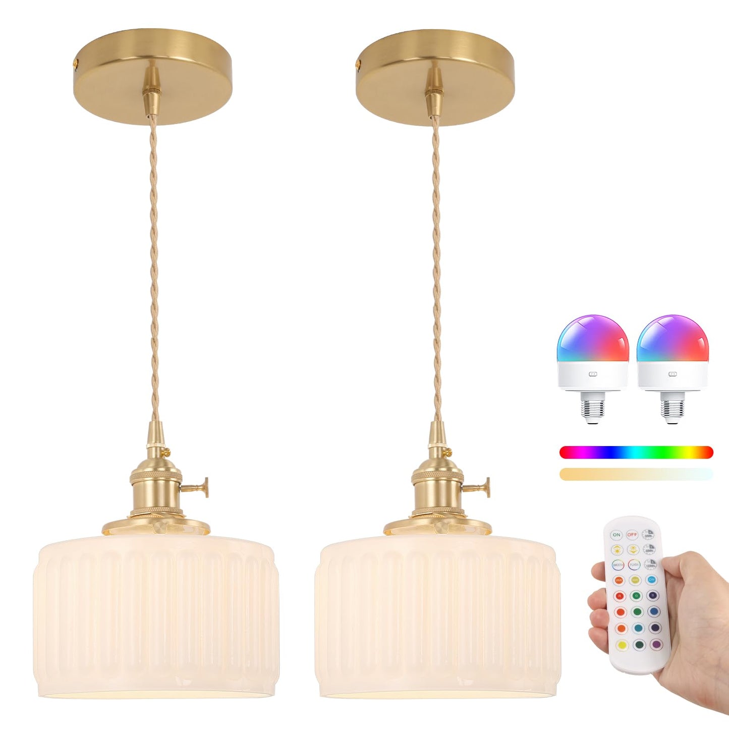 Shenmoyl Battery Operated Pendant Light 2 Pack, Remote Control, Z-Striped White, Glass, Model 5b1d95ff-9d4d-41e0