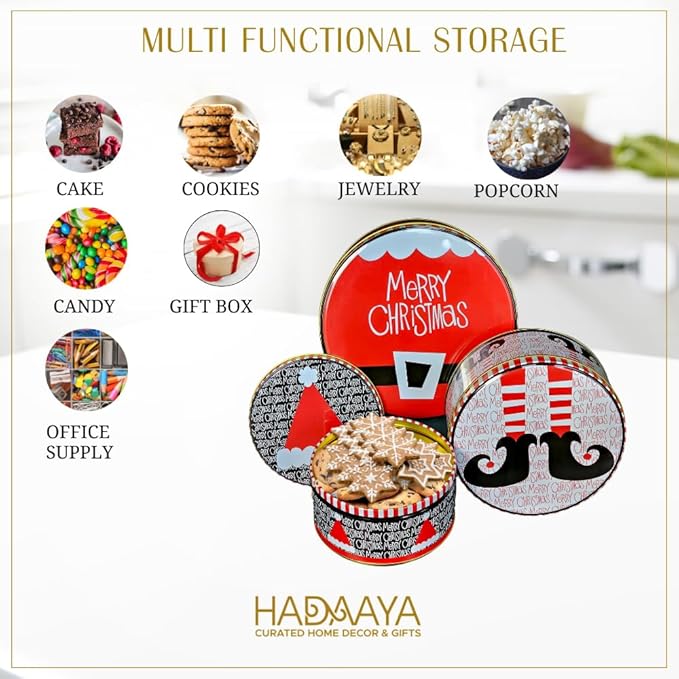 Pack of 3 Round Metal Nesting Tins – Stackable Storage Containers with Lids for Kids' Cookies, Candy, Snacks, Crafts & Kitchen – Fun Xmas Elf Hat Design