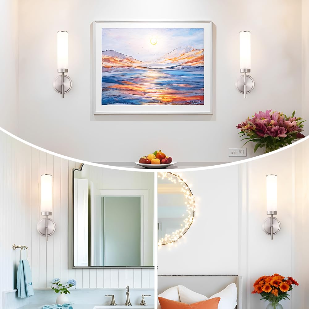 Brushed Nickel Wall Sconces Set Of 2  Modern Bathroom Sconces Wall Lighting With Opal White Glass  Vanity Light Fixtures For Bathroom  Wall Mount Lights For Living Room Bedroom Hallway  Hardwired