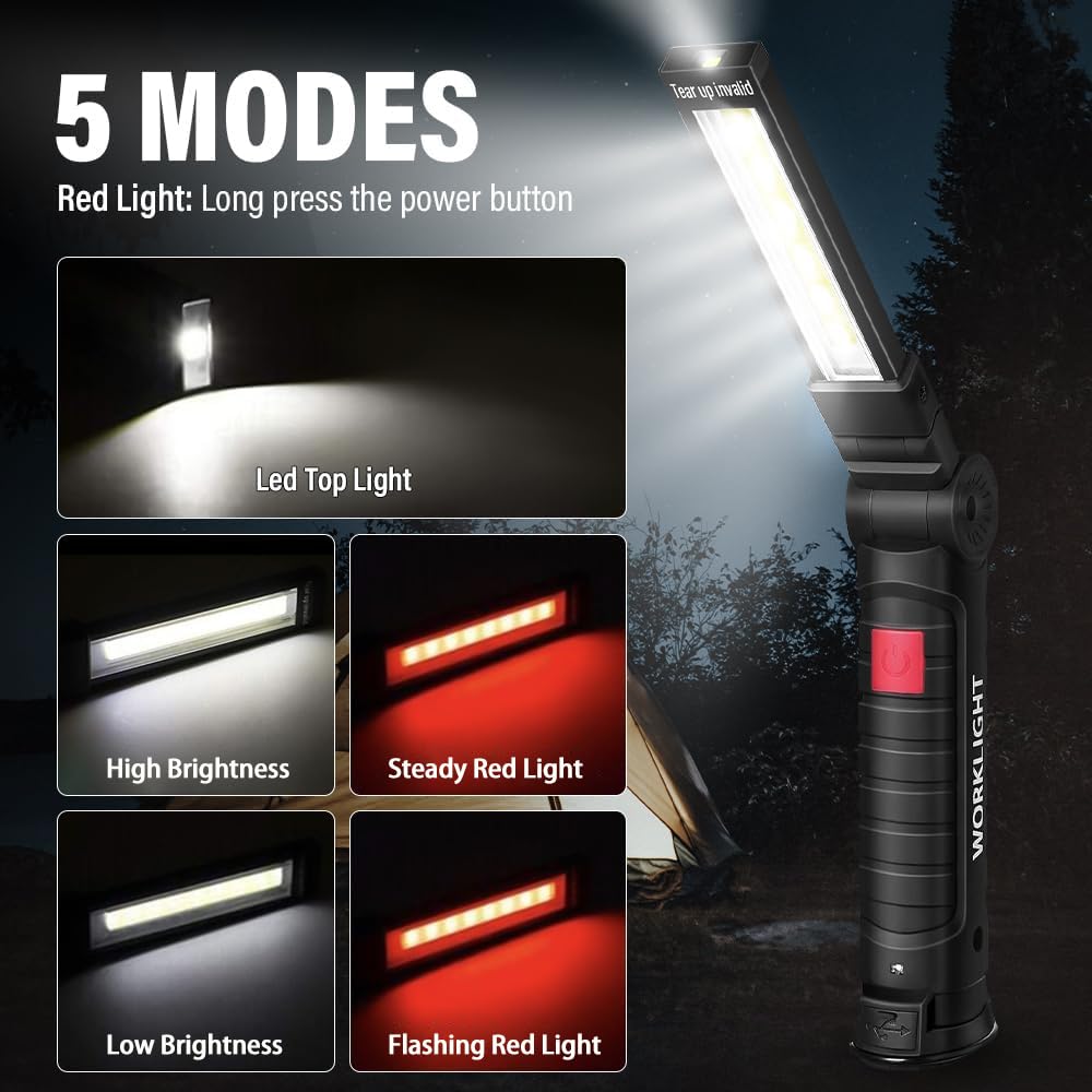Led Work Light Rechargeable Flashlight  Christmas Stocking Stuffers Gifts For Men Him Husband Mechanic Torch Grill Light Inspection Lamp Magnetic Base 5 Modes 360 Rotate Car Emergency Repair 2Pcs