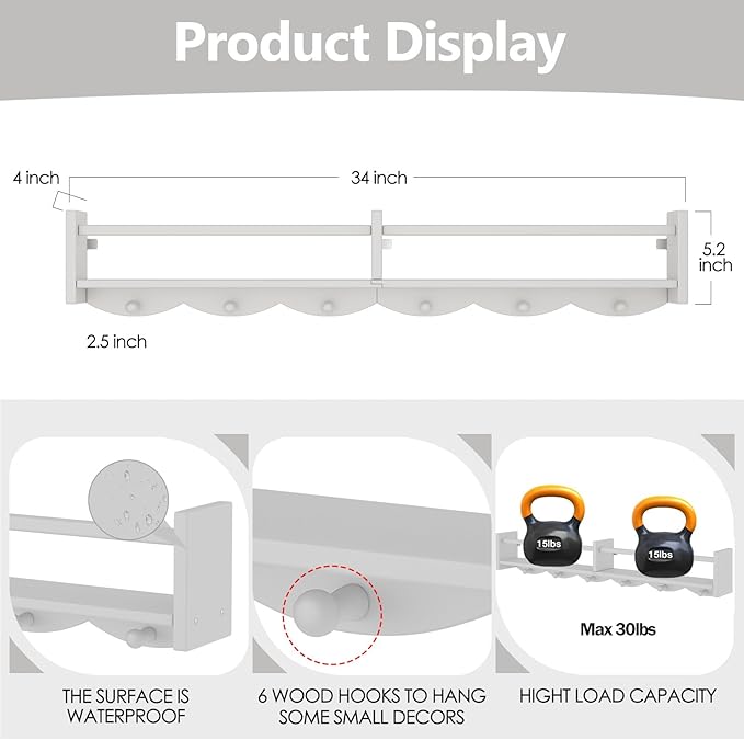 34Inch Nursery Bookshelves,Set of 4,Wall Floating Shelf Kids Coat Rack with 6Hooks,Hanging Book Shelf for Baby Nursery Room Décor ，Patent Number: 29958098(White, 34)