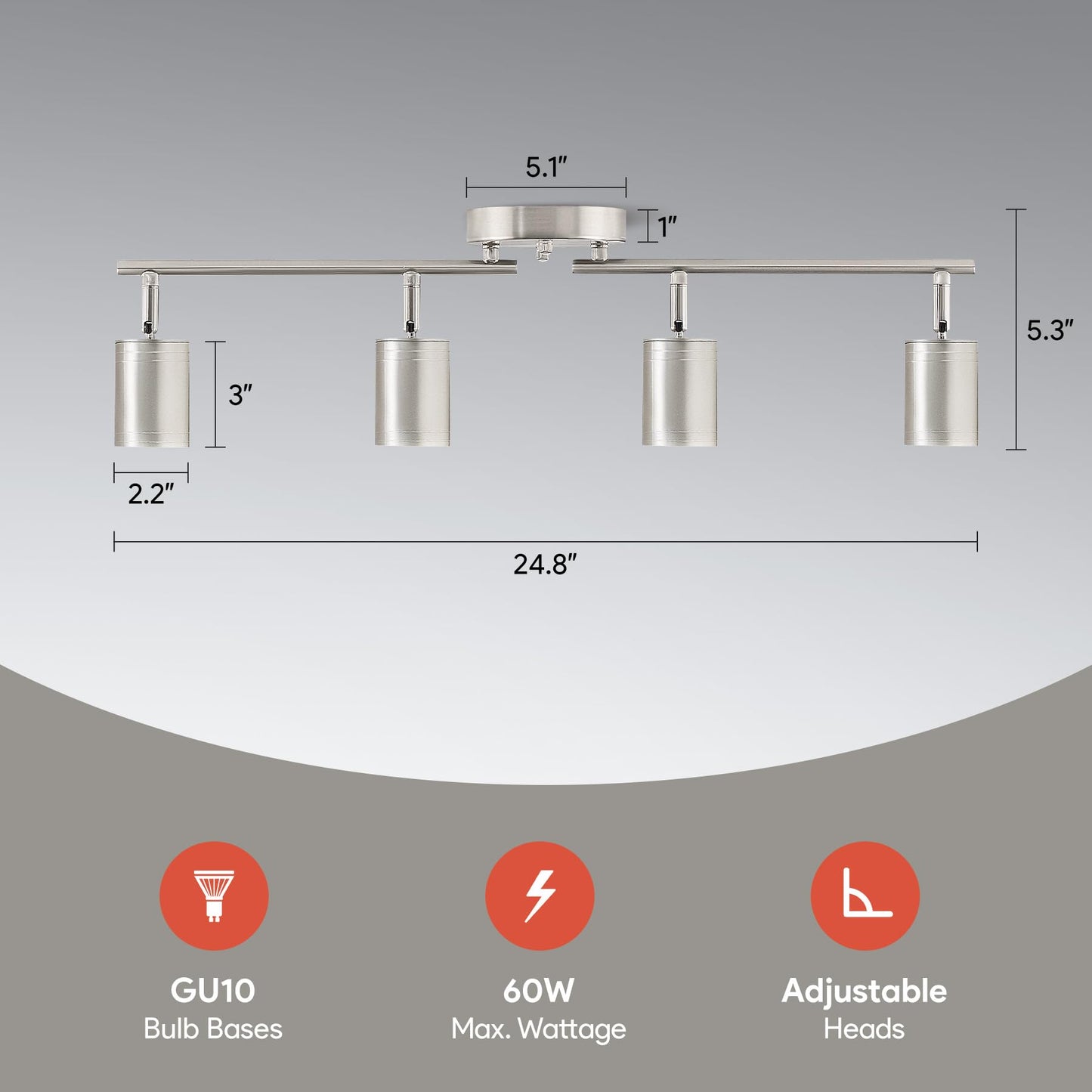 Vonluce 4 Light Track Light Fixture  Led Track Lighting Kit With Rotatable Track Heads  3-Color Gu10 Bulbs Included  Modern Ceiling Spotlight For Kitchen Office Closet Studio Bedroom  Nickel