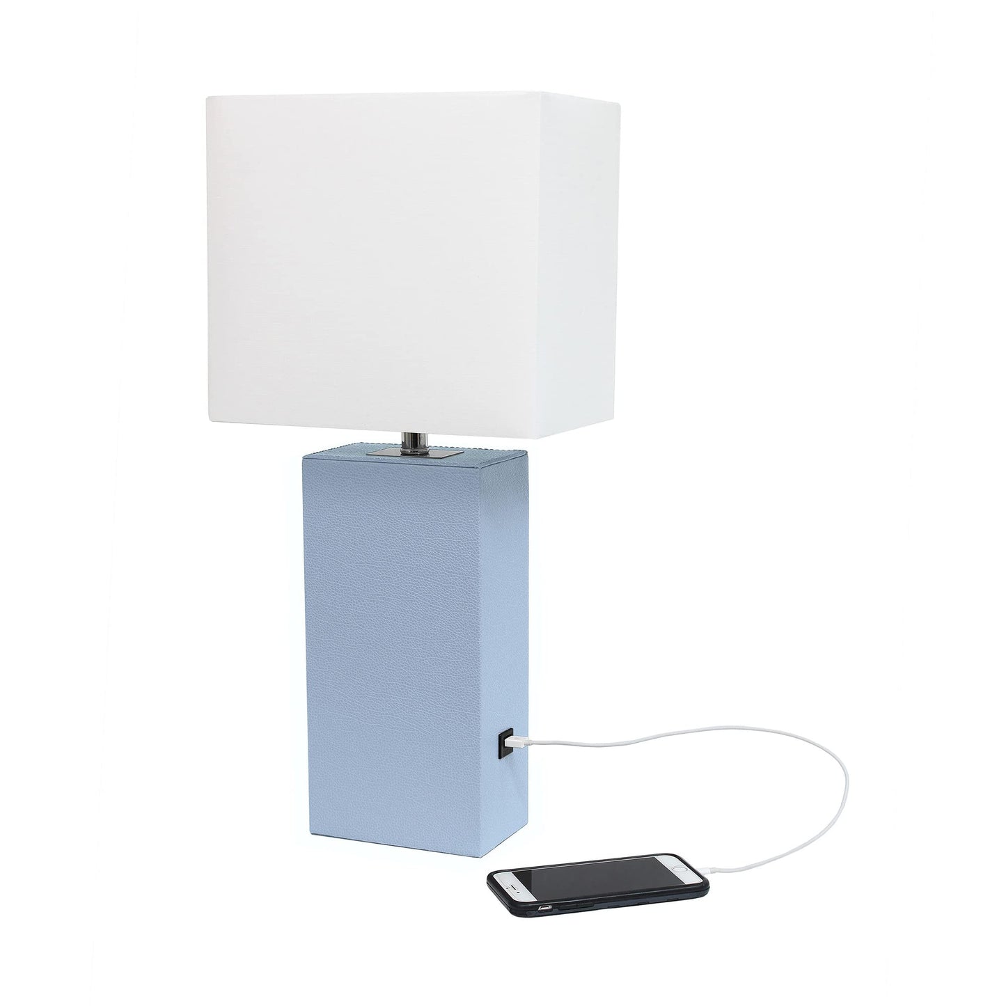 LALIA HOME Bedside Table Lamp with USB Charging, 21in, Leather Base, Periwinkle, Model LHT-3012