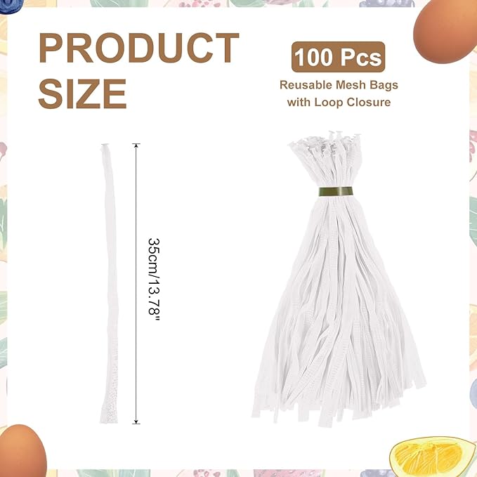 uxcell 100Pcs Reusable Produce Mesh Bags, 35cm Mesh Plastic Netting, Stretchable Egg Hatching Bags for Fruit Vegetable Storage, White