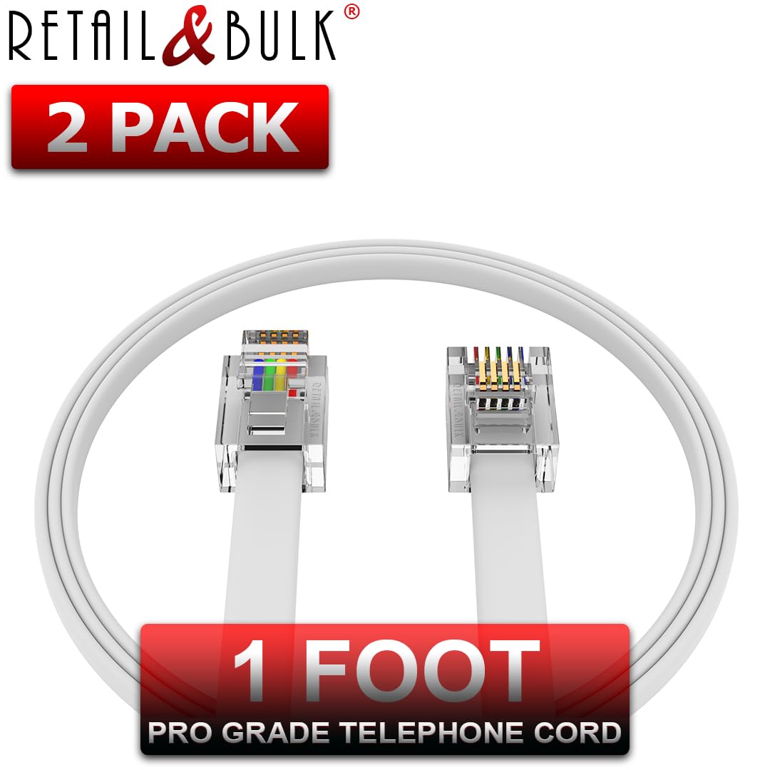 (2 Pack) 12 Inches Short Telephone Cable Rj11 Male To Male Phone Line Cord (1 Foot, White)