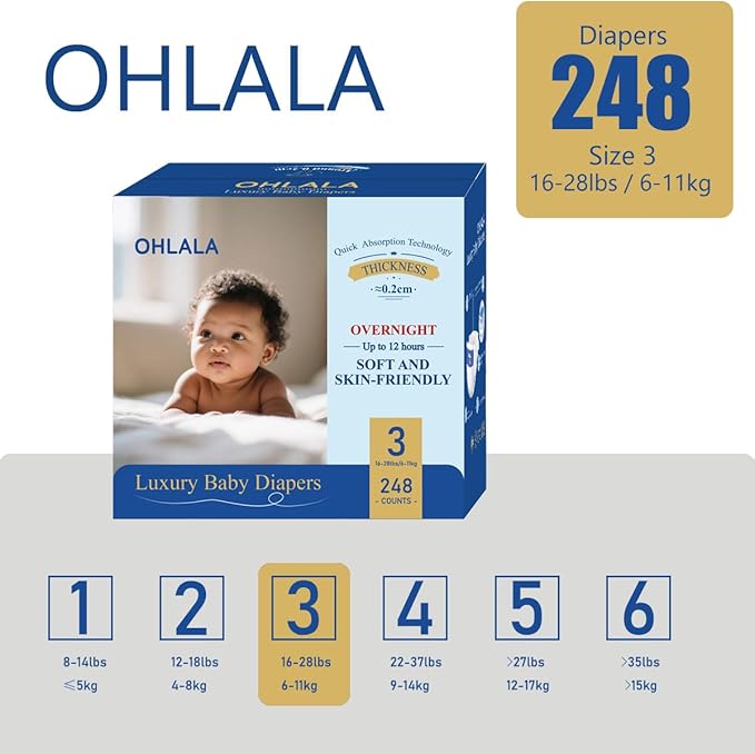 OHLALA Luxury Size 3 Diapers Skin-Friendly & Leakproof | Hypoallergenic | Fragrance-Free | Ultra-Thin | 4 Pack 248counts | 16-28 lbs