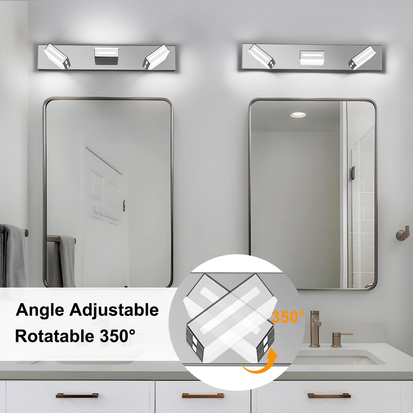 Donrao 24-Inch 3-Light Led Modern Chrome Bathroom Vanity Light Fixtures Over Mirror  Bathroom Lighting Fixtures With Cool White 6000K  Rotatable Vanity Wall Lights For Bath Restroom Powder Room