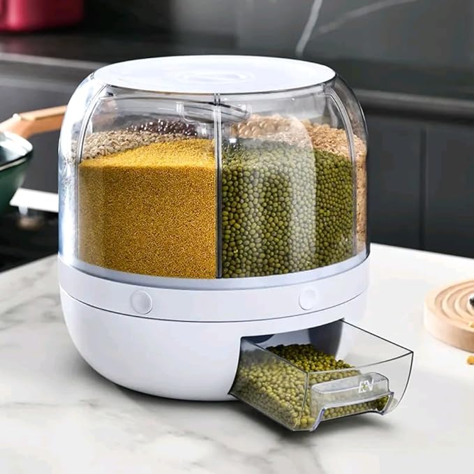 Juvenixs Grain dispenser 360°Rotating Rice Food Dispenser 5 Grids rice container rotatable Beans Containers Storage with Sealed lid for Peanut Barley Millet and Cereal (Cream White)