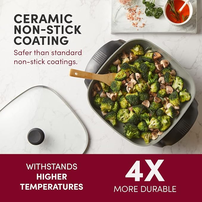 Elite Gourmet EG2212 12"x12"x2.15” Ceralast™ PFAS Free Ceramic Electric Skillet, Dishwasher Safe, Rapid Heat Up, 1200W, Dark Grey