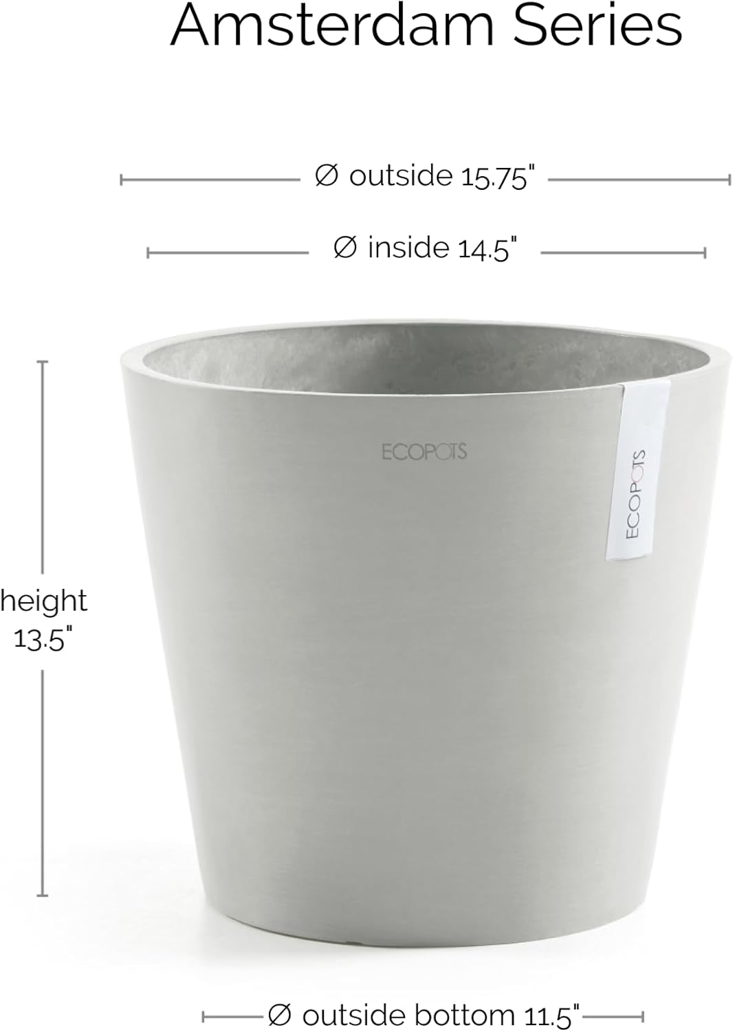 Ecopots Amsterdam Durable Modern Round Indoor/Outdoor Recycled-Based Composite Flower Pot Planter, White Grey, 16"