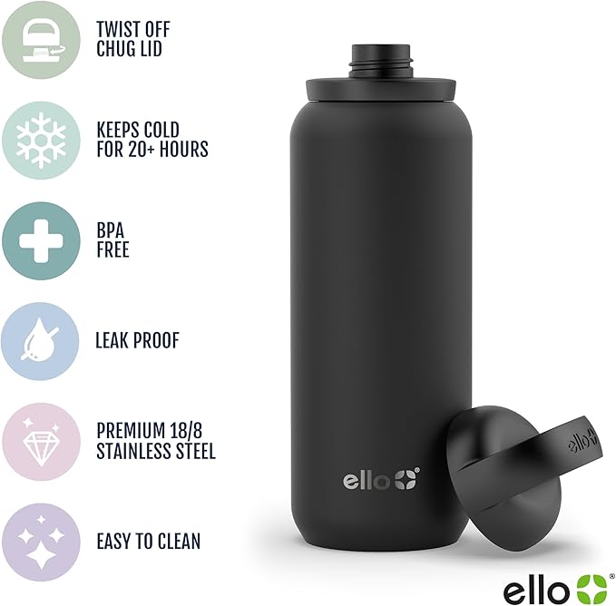 Ello Cooper Twist 32oz Stainless Steel Water Bottle with Chug Lid | Leak Proof | Double Walled and Vacuum Insulated | Built in Carry Loop | Dishwasher Safe | White