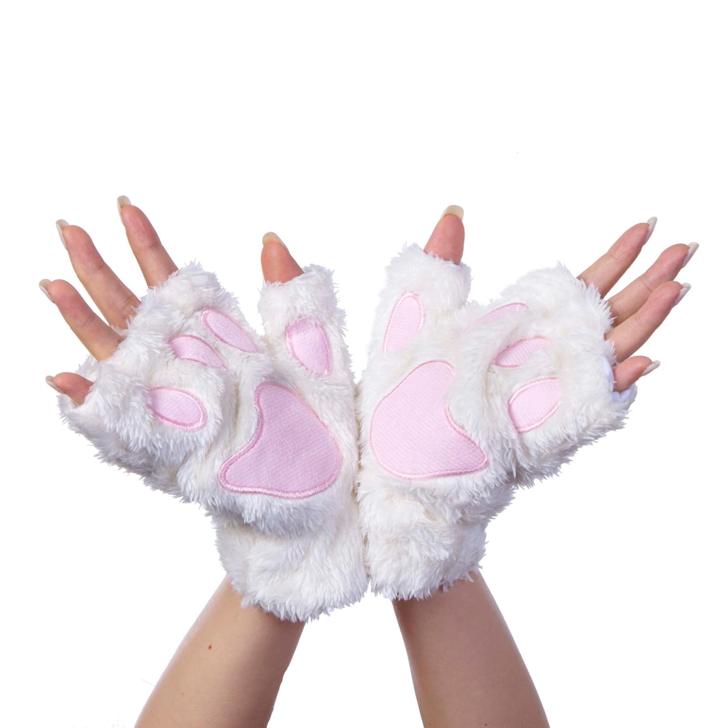 Vonokee Women Halloween Costume Cat Paws Gloves,Novelty Faux Fur Bear Paw Fingerless Mittens, Plush Lion Claw Gloves (White)