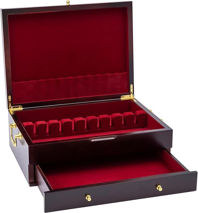 GENRICE Wooden Silverware Chest without Silverware Double-layer, Silverware Box Storage for Silver, Silverware Case with Handle and Felt Lined, Flatware Chest for 12 or 16 or more sets of Utensils