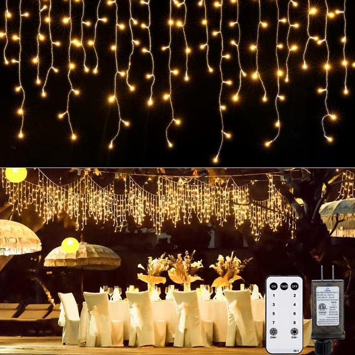 Brightown Icicle Lights Outdoor, 33 FT, 384 LED, Warm White, 8 Modes, Waterproof, Model JT-EL/FC300V0300-D1