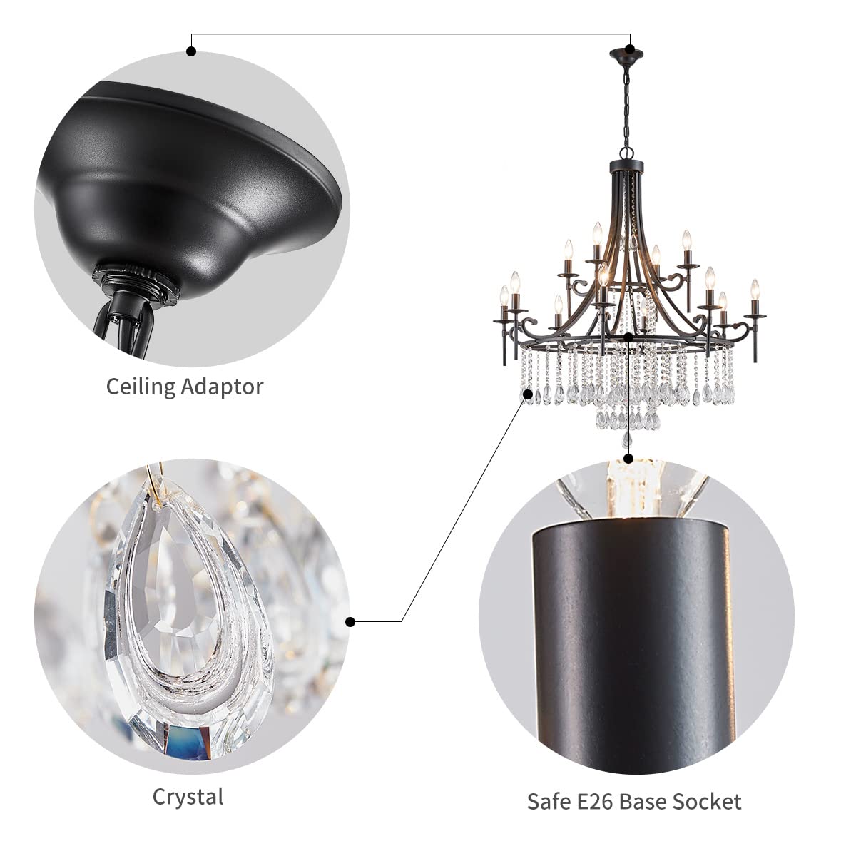 Wuzups Candle Chandelier 12-Light Wagon Wheel Pendant Ceiling Light Modern Lighting Fixture For Bedroom Hallway Bar Kitchen Dinning Living Room Bathroom  Black