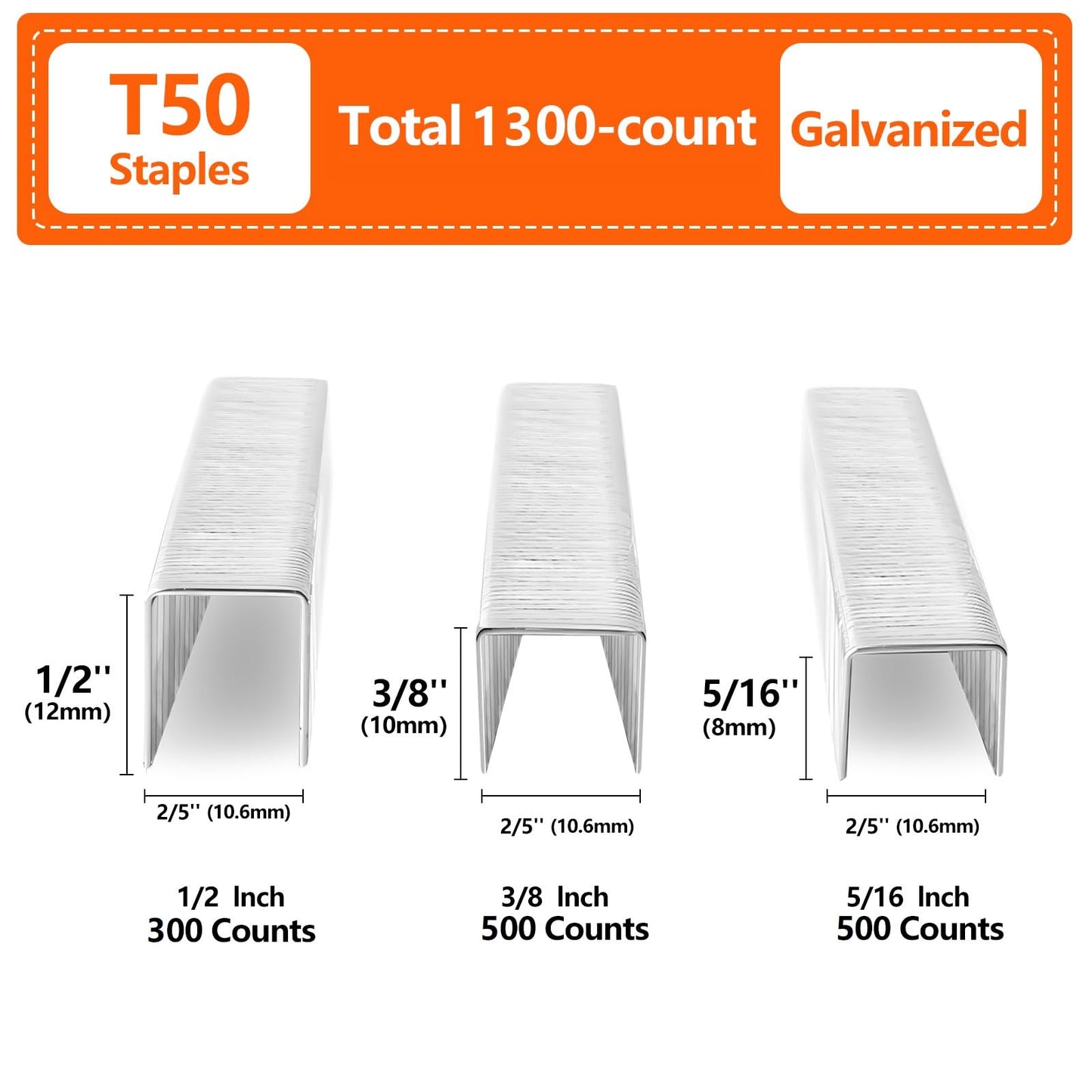 SITLDY Heavy Duty T50 Staples 1300-Count 3 Sizes Includes: 5/16"-500, 3/8"-500, 1/2"-300, Galvanized Assorted Size Project Pack