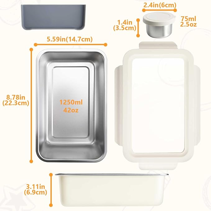 YINGRACE Stainless Steel Lunch Box Container for Adult, 42oz/1250ml Leak Proof Bento Box, Microwave-Safe with Removable Divider, Clear Airtight Lid Lunchbox for Work, Hike, Travel, Beige