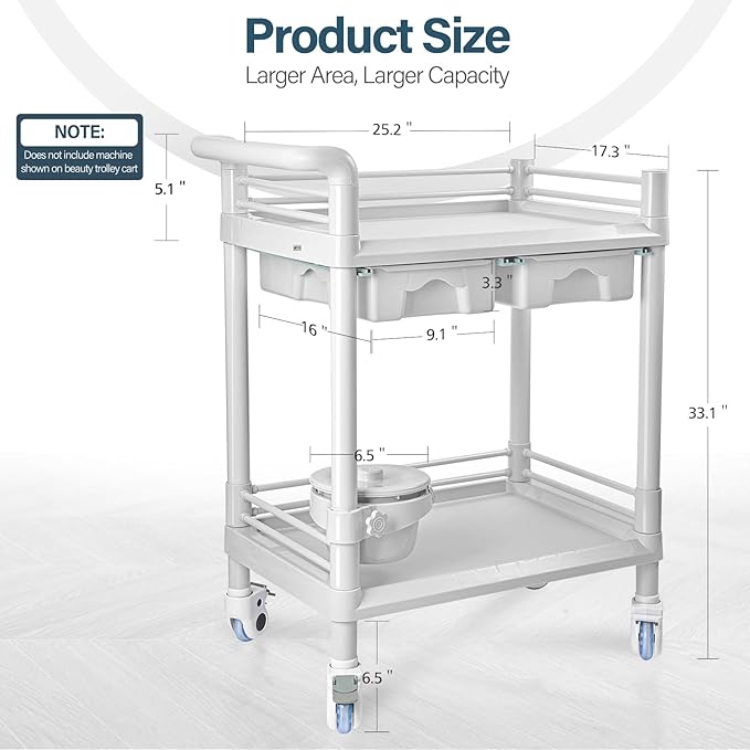 2 Tier Esthetician Cart, Rolling Utility Cart with Bucket & 2 Big Drawers, Heavy Duty Salon Trolley with 360 Rotate Silent Wheels, Load 330lbs Mobile Medical for Salon Hospital Office Lab