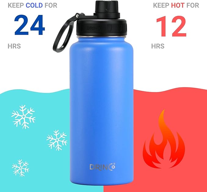 DRINCO Stainless Steel Water Bottle Spout Lid Vacuum Insulated Double Wall Water Bottle Wide Mouth Leak Proof Keep Cold Sport Camping (USA Flag) (32oz Royal Blue USA Flag, 32oz)
