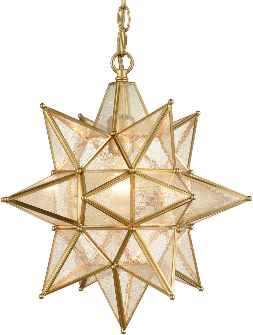 DIRYZON Modern Gold Moravian Star Pendant Light for Kitchen Island 16-Inch Hanging Ceiling Light Seeded Glass Single Pendant Light with Chain