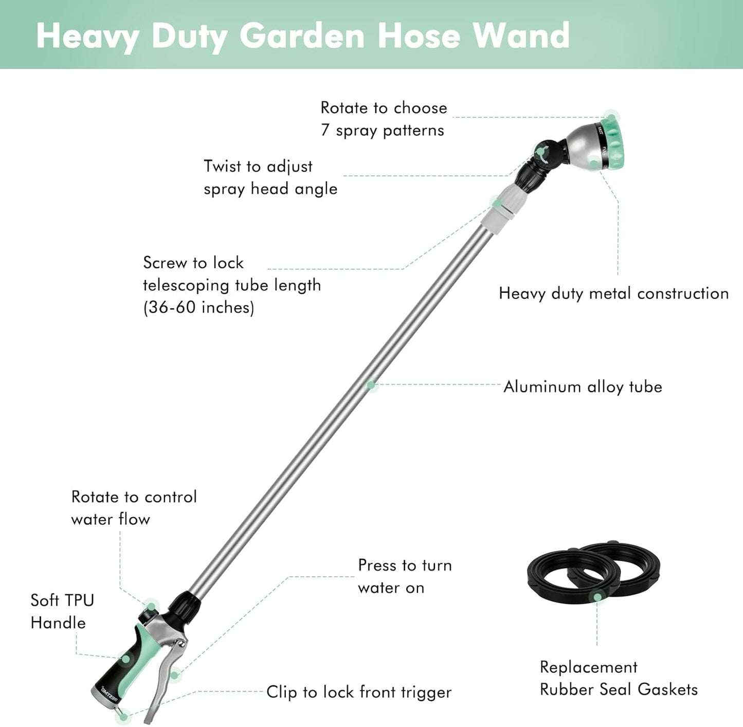 RESTMO 36”-60” Metal Watering Wand, Long Telescopic Tube | 180° Adjustable Ratcheting Head | 7 Spray Patterns | Flow Control, Garden Hose Sprayer to Water Hanging Baskets, Shrubs, Cyan