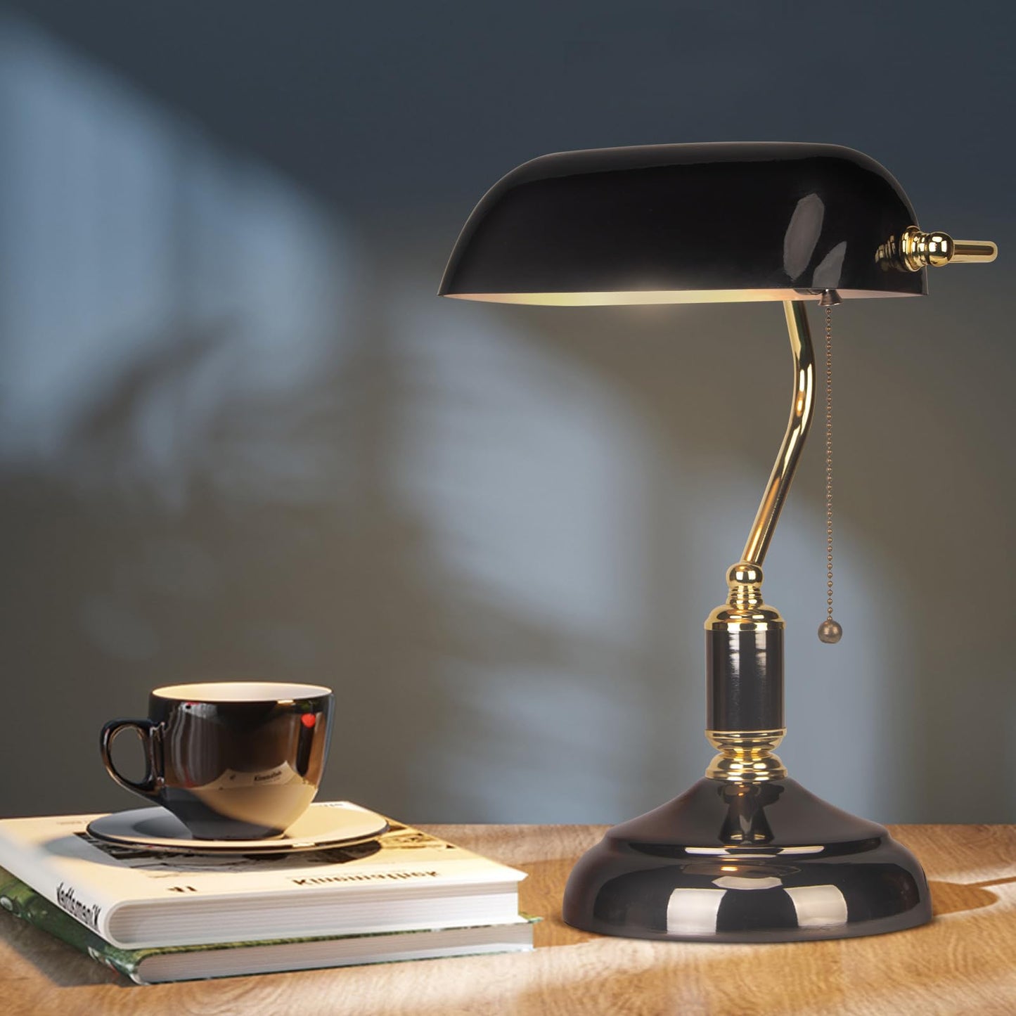FIRVRE Bankers Desk Lamp, Black Glass Shade, Golden E26 Base, Model 006, Traditional Style for Office, Study Room