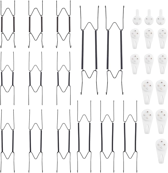 Bilillo 14 Pcs Plate Hangers for Wall - 6/8/10/12/14 Inch Invisible Plates Hanger, Stainless Steel Plate Holders with 14 Pieces Wall Hooks for 5.5 to 15.5 Inch Decorative Plates and Arts (Black)