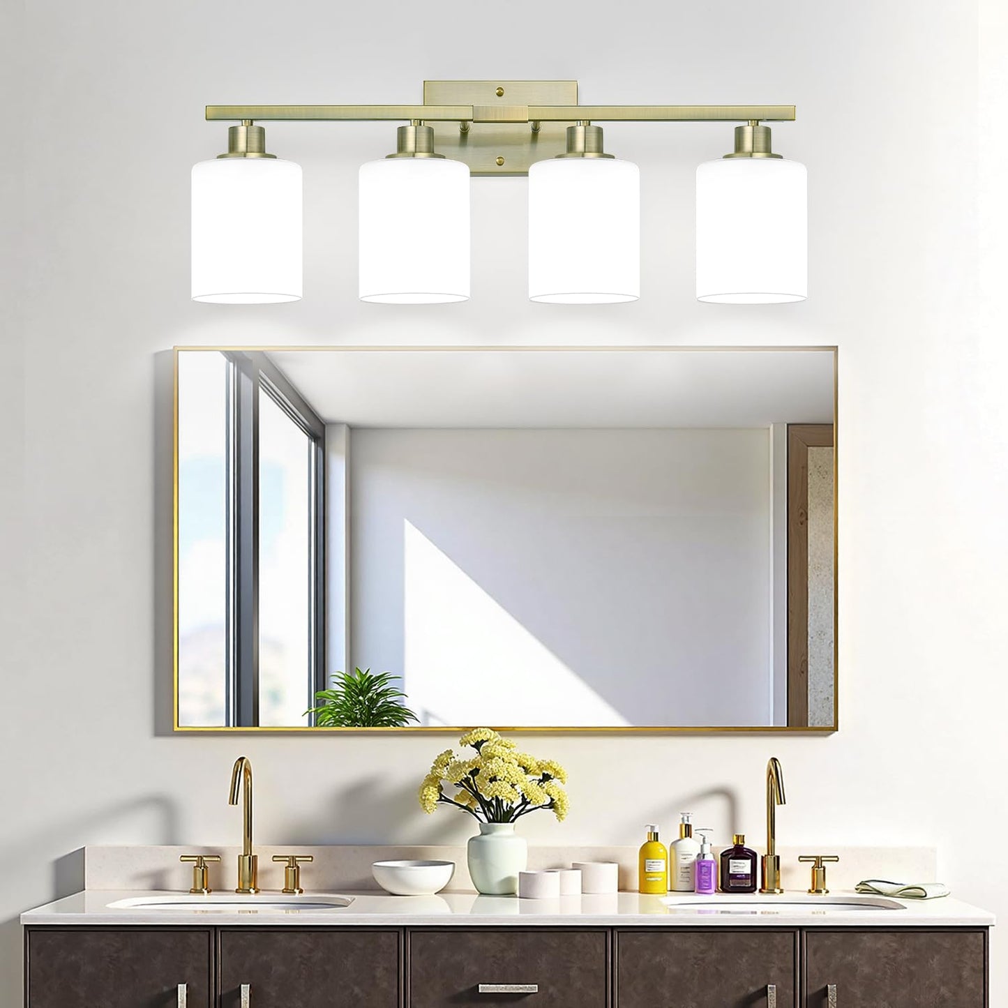 Mokatng 4-Light Bathroom Light Fixtures  Brass Vanity Light With Milky White Shades  Bathroom Lighting Fixtures Over Mirror  Modern Bathroom Wall Lamp For Mirror Living Room Cabinet Bedroom