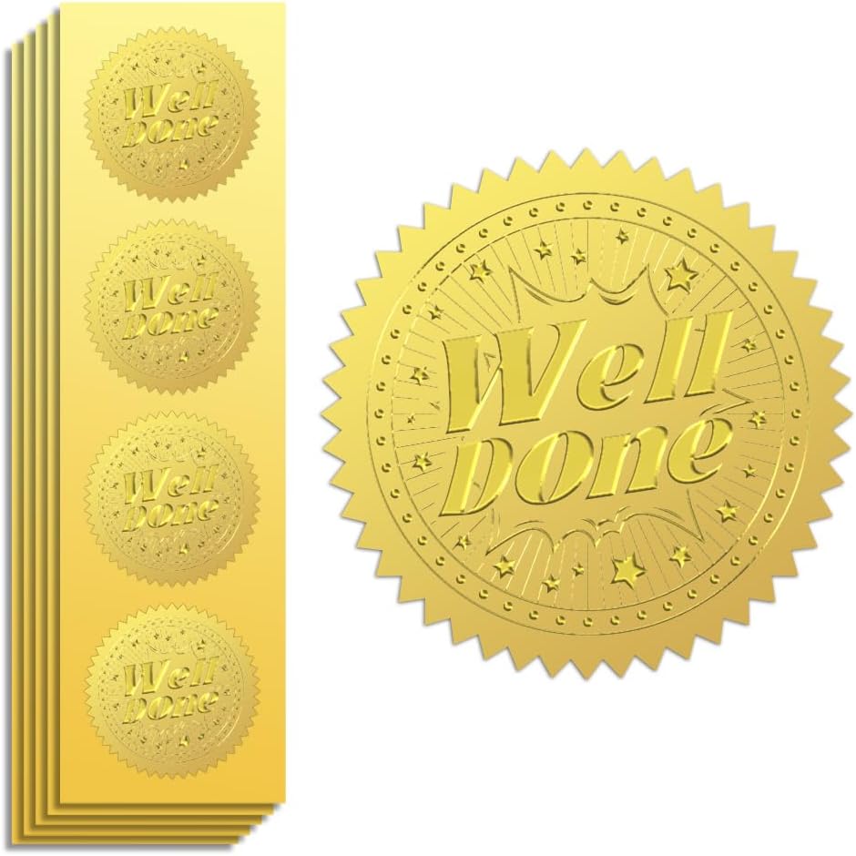 Peacoblue Gold Foil Stickers Seals Official Embossed 2 Inch 100Pcs Well Done, Self Adhesive Gold Around Embossing Medal Stickers for Certificate Paper, Achievements and Awards, Envelope Seals, Praise