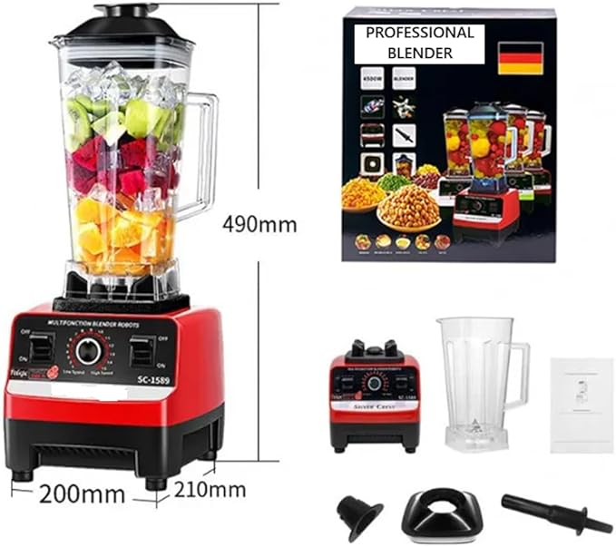 Professional Countertop 4500W Heavy-Duty Commercial Blender with Copper Motor, 2L BPA-Free Jar, Variable Speed & Pulse, Ice Crusher Smoothie Maker for Shakes, Frozen Drinks, Hot Soup – Red/Black
