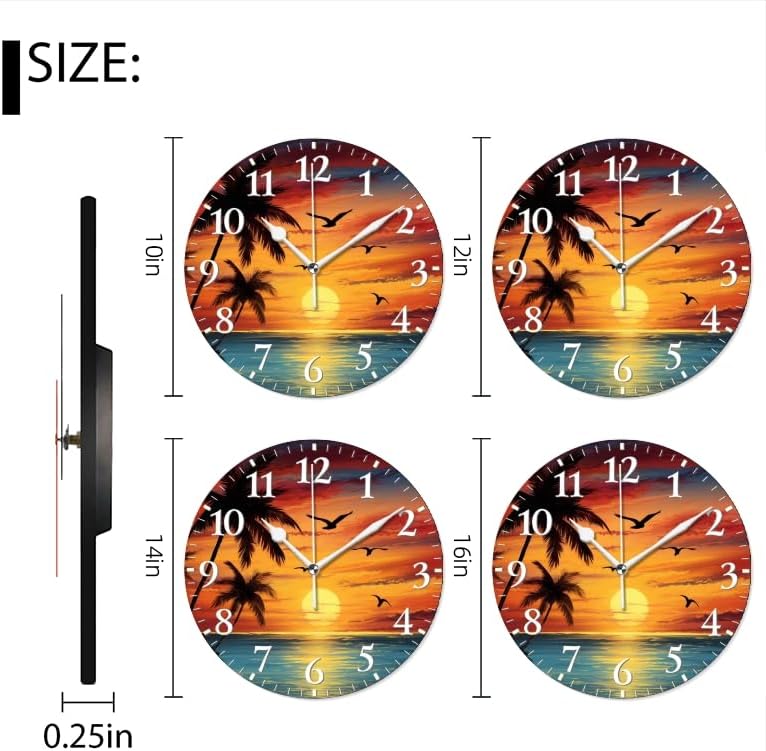 Sunset Wall Clock Non-Ticking Silent Clocks Battery Operated Analog Decor Clock for Home-Beautiful Sunset Over The Ocean with Palm Trees and Birds Flying in The Sky(16inch)